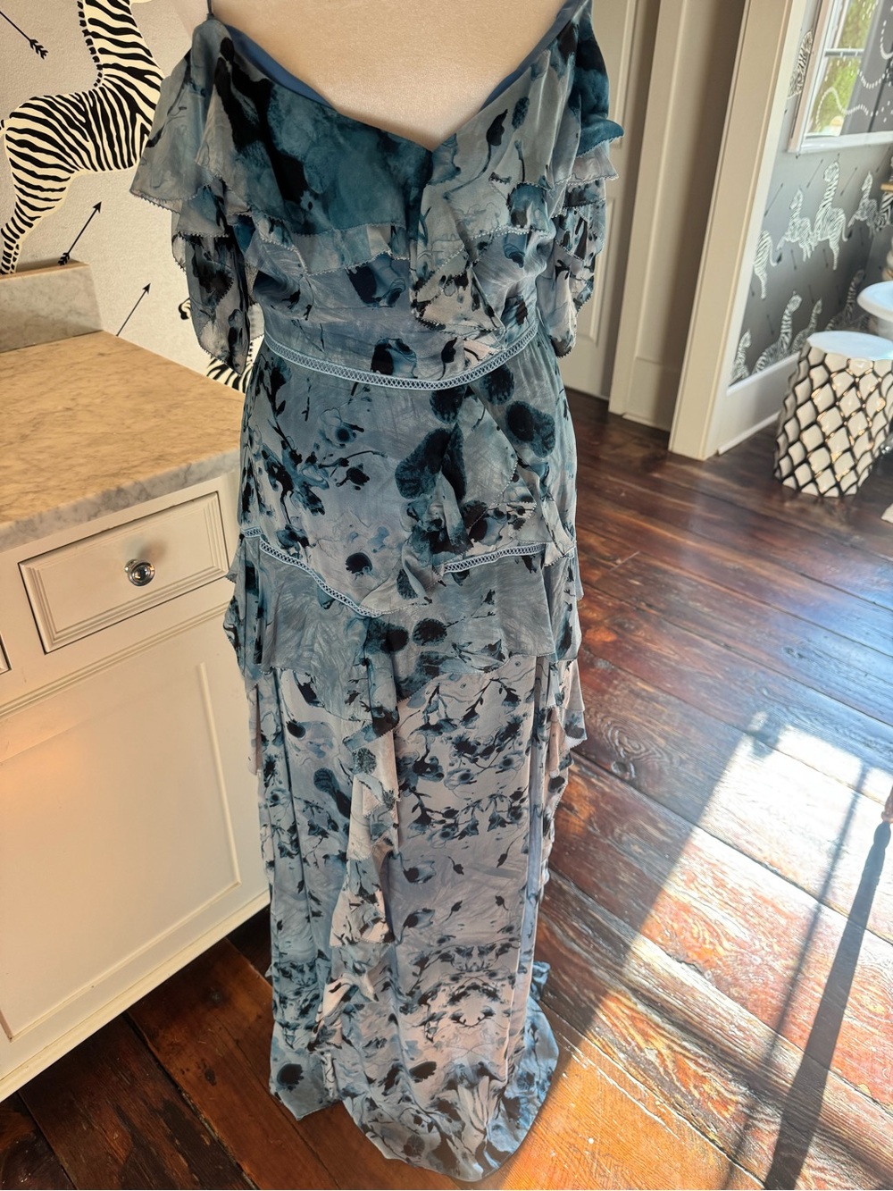 Marchesa Notte Light Blue Floral Ruffle Maxi Dress